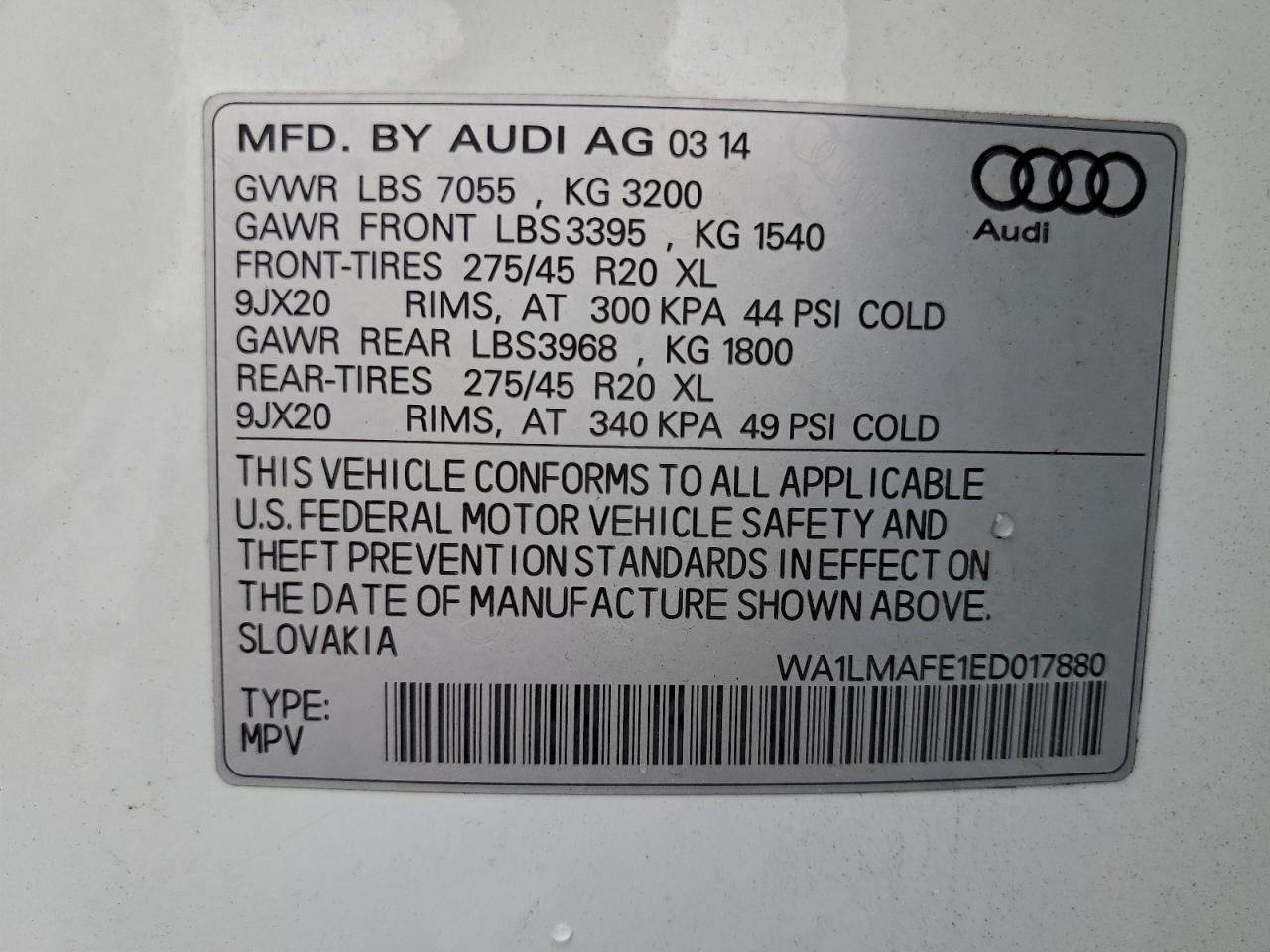 2014 Audi Q7 Premium Plus VIN: WA1LMAFE1ED017880 Lot: 94536305