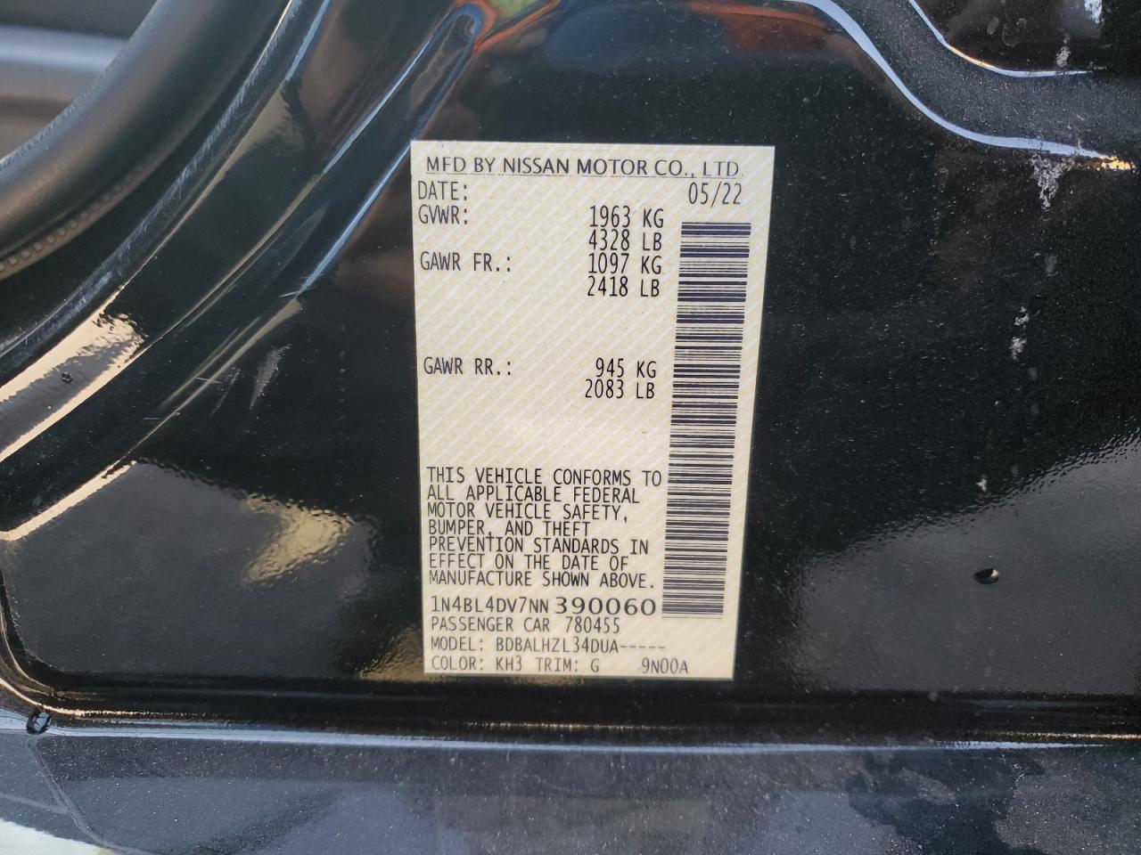 2022 Nissan Altima Sv VIN: 1N4BL4DV7NN390060 Lot: 93206245