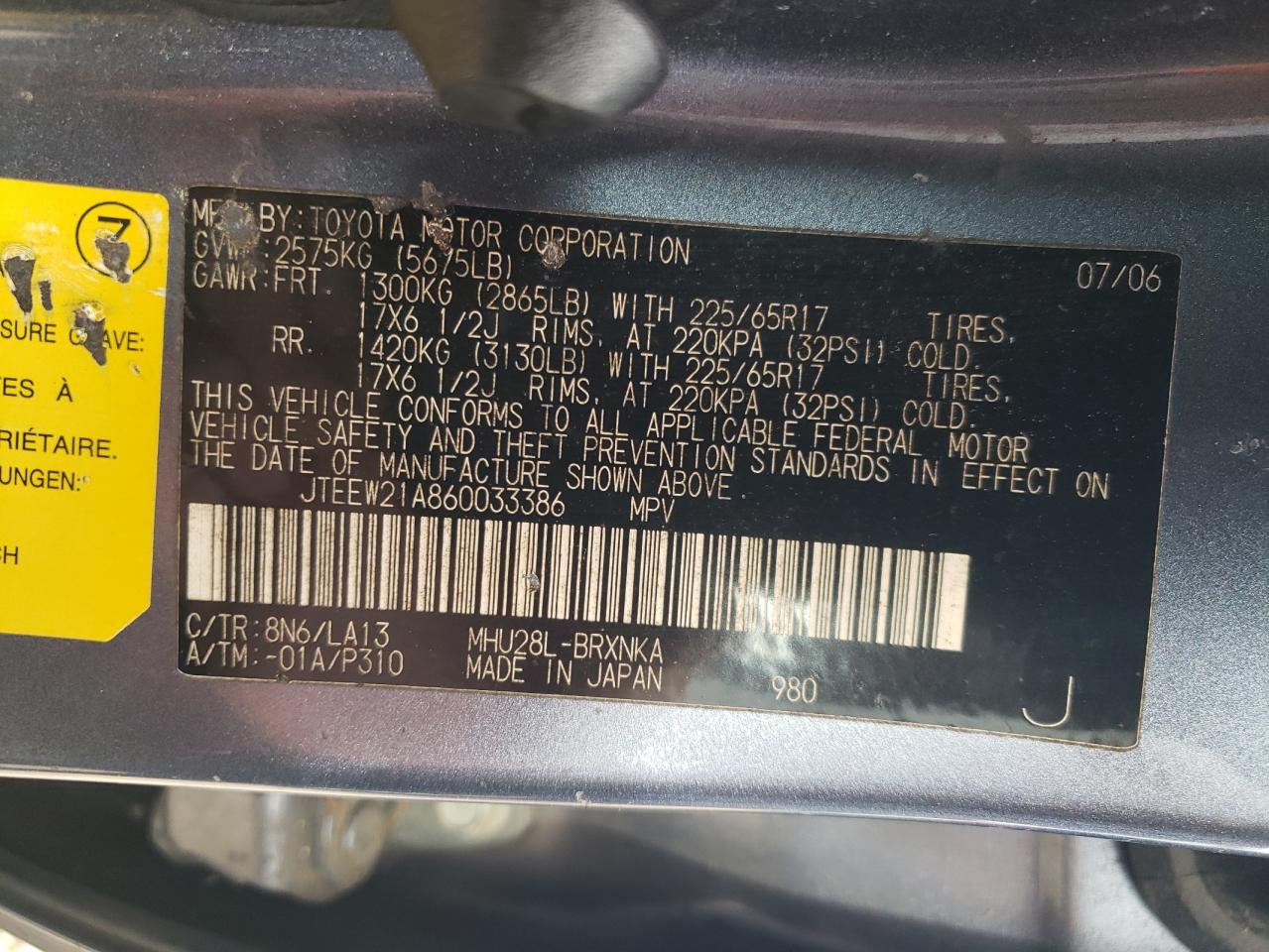 2006 Toyota Highlander Hybrid VIN: JTEEW21A860033386 Lot: 91783235