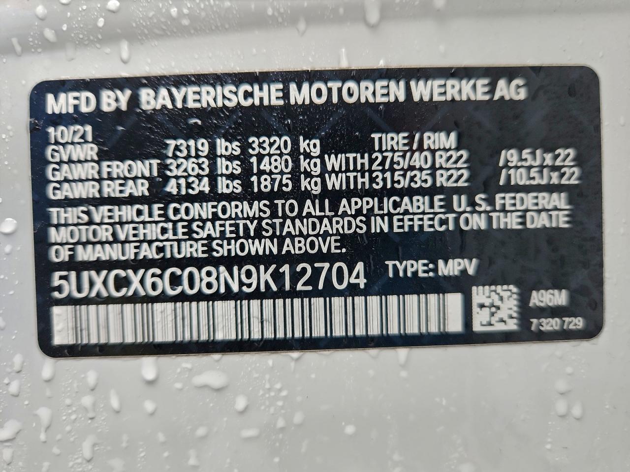 2022 BMW X7 M50I VIN: 5UXCX6C08N9K12704 Lot: 93267845