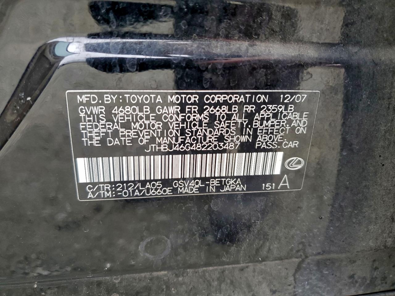 2008 Lexus Es 350 VIN: JTHBJ46G482203487 Lot: 94553535