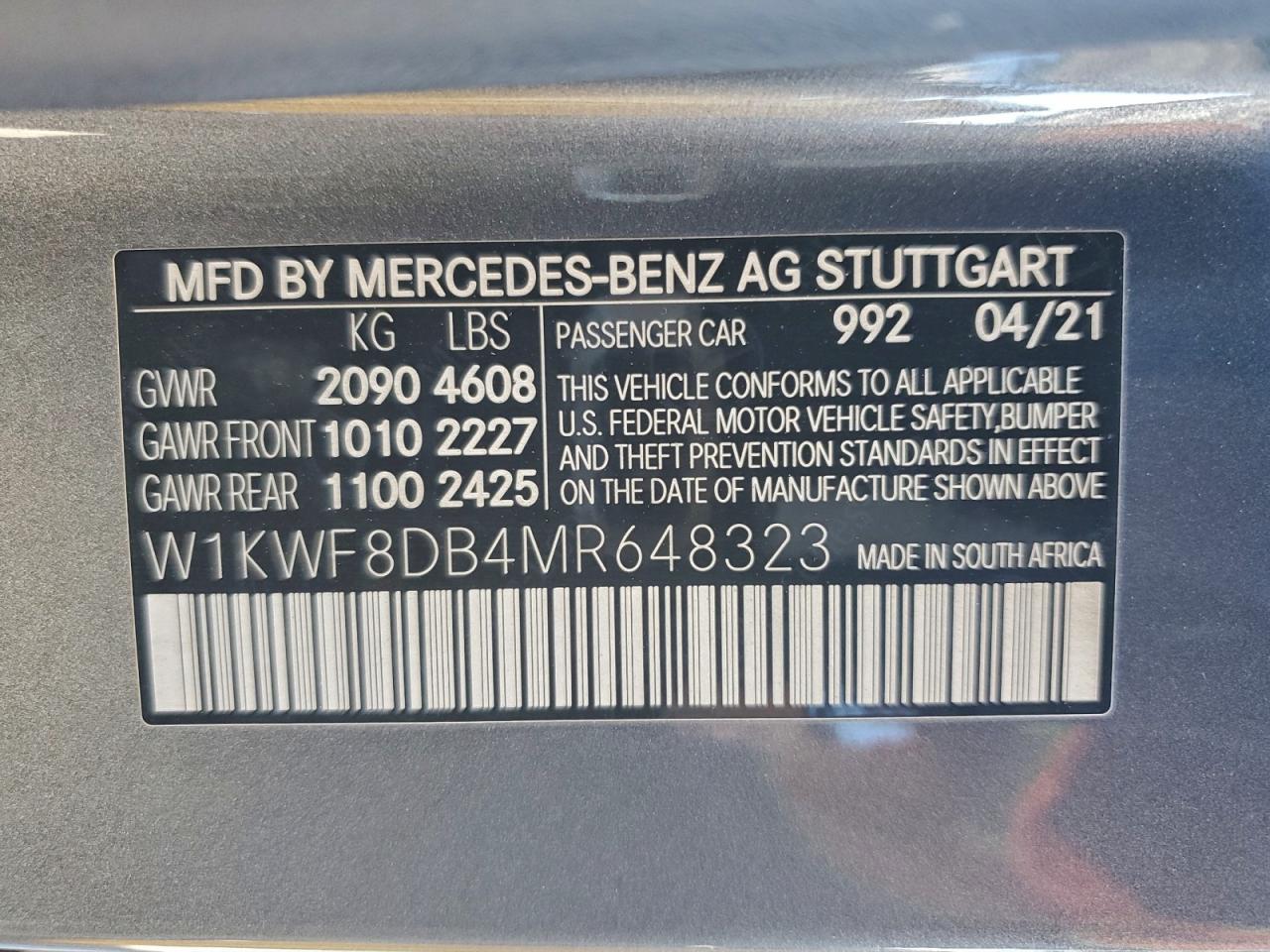 2021 Mercedes-Benz C 300 VIN: W1KWF8DB4MR648323 Lot: 94115095