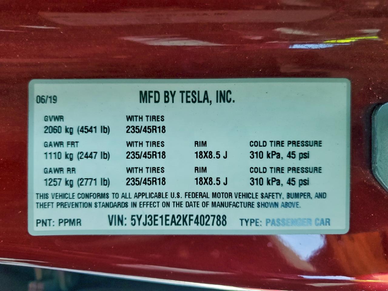 2019 Tesla Model 3 VIN: 5YJ3E1EA2KF402788 Lot: 92749115