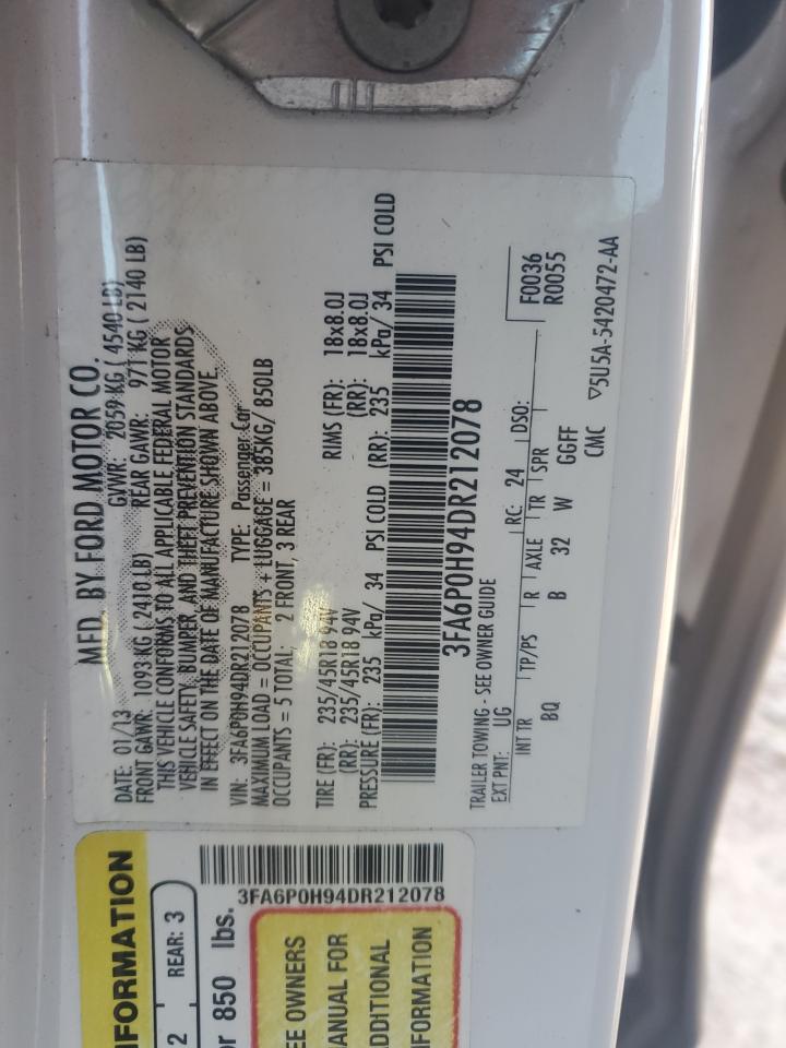 2013 Ford Fusion Se VIN: 3FA6P0H94DR212078 Lot: 93050485