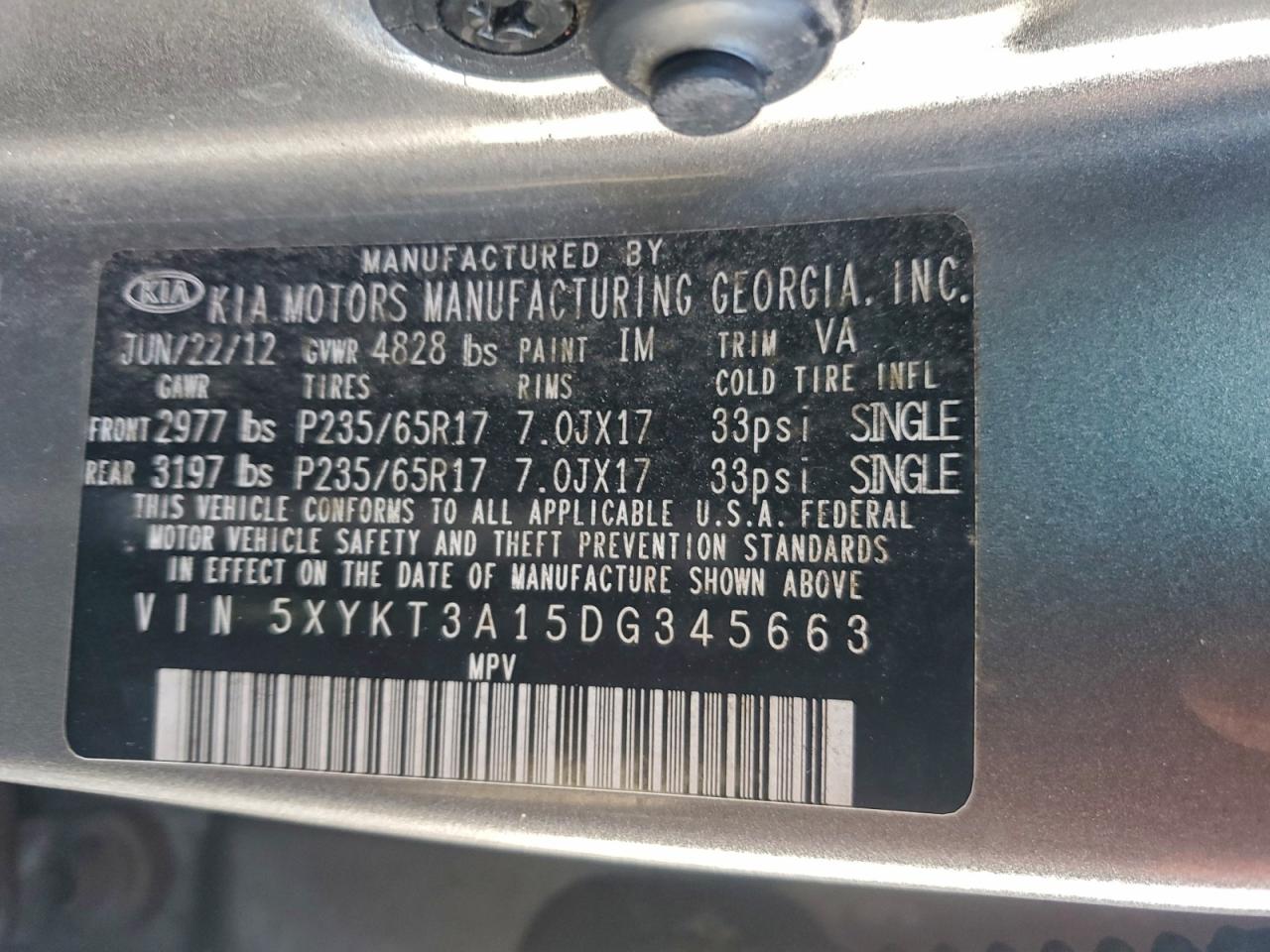 2013 Kia Sorento Lx VIN: 5XYKT3A15DG345663 Lot: 93806605