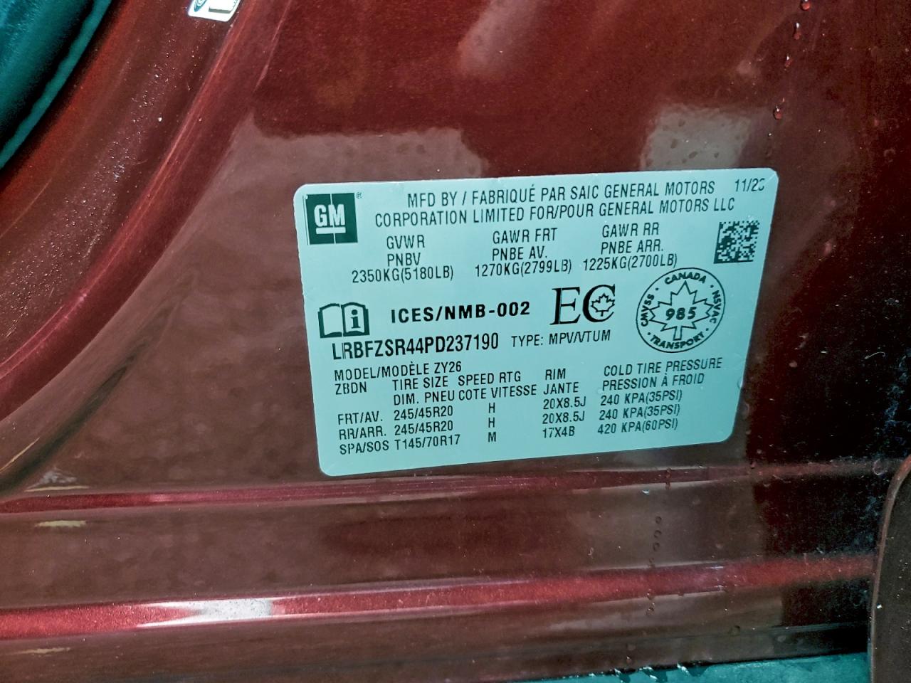 2023 Buick Envision Avenir VIN: LRBFZSR44PD237190 Lot: 93969365