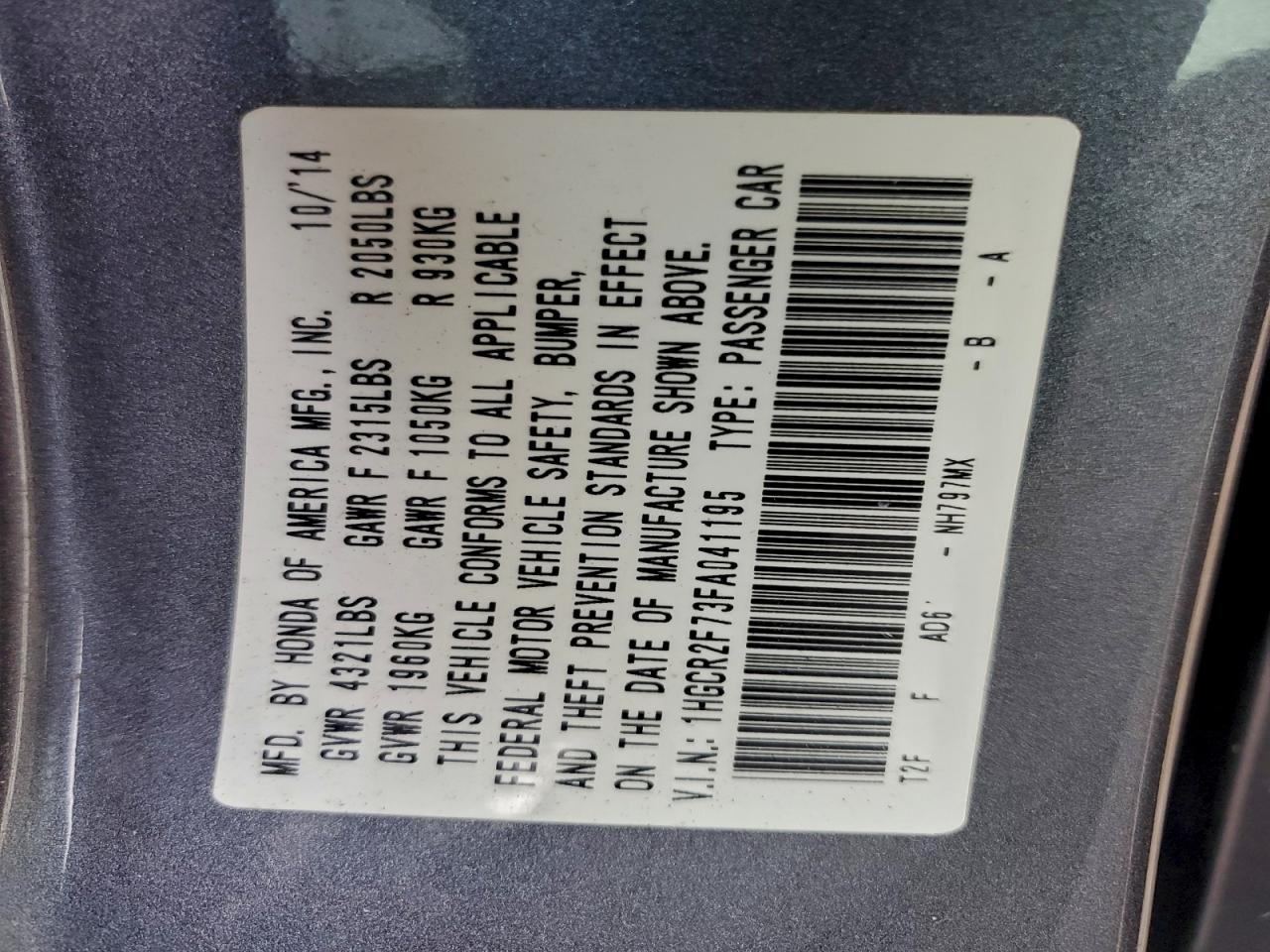 2015 Honda Accord Ex VIN: 1HGCR2F73FA041195 Lot: 93650785