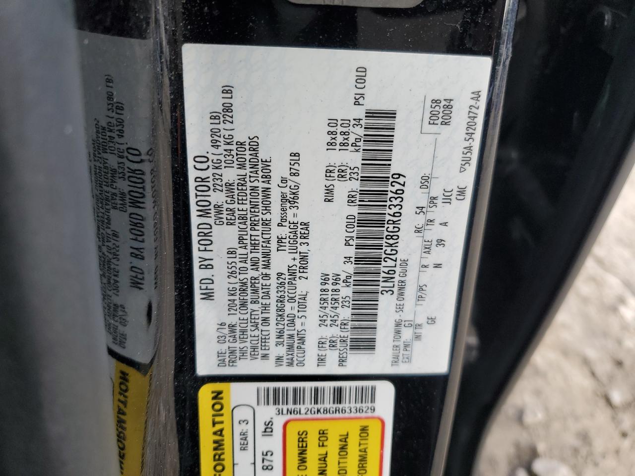 2016 Lincoln Mkz VIN: 3LN6L2GK8GR633629 Lot: 92002655