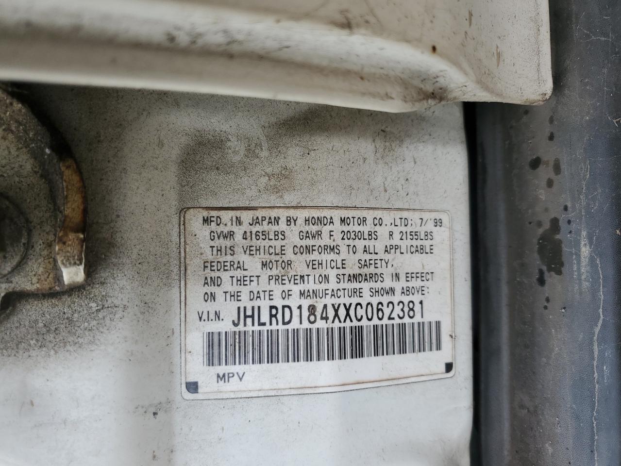 1999 Honda Cr-V Lx VIN: JHLRD184XXC062381 Lot: 92116155