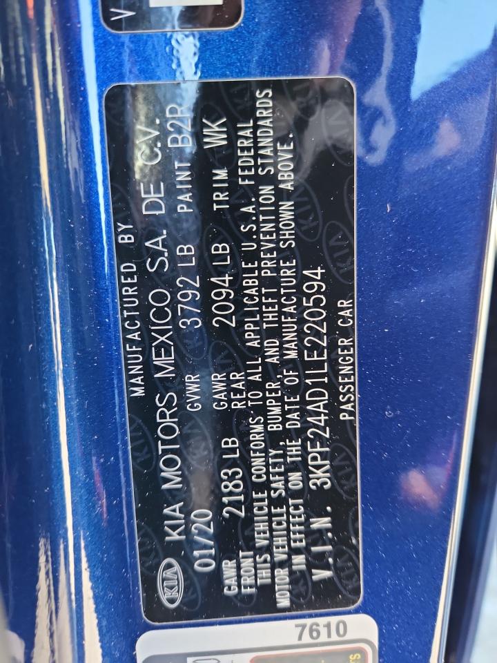 2020 Kia Forte Fe VIN: 3KPF24AD1LE220594 Lot: 92510745