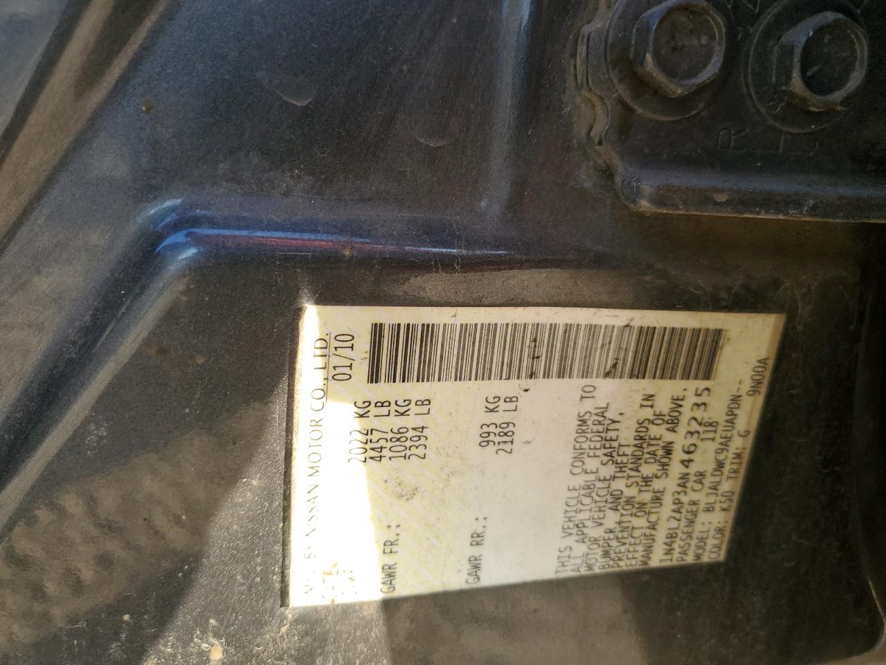 2010 Nissan Altima Sr VIN: 1N4BL2AP3AN463235 Lot: 93909685