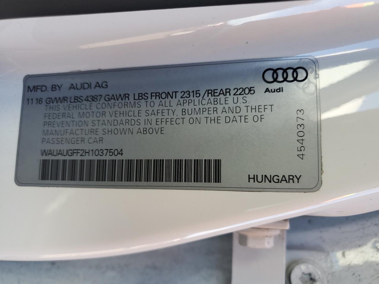 2017 Audi A3 Premium VIN: WAUAUGFF2H1037504 Lot: 91964155