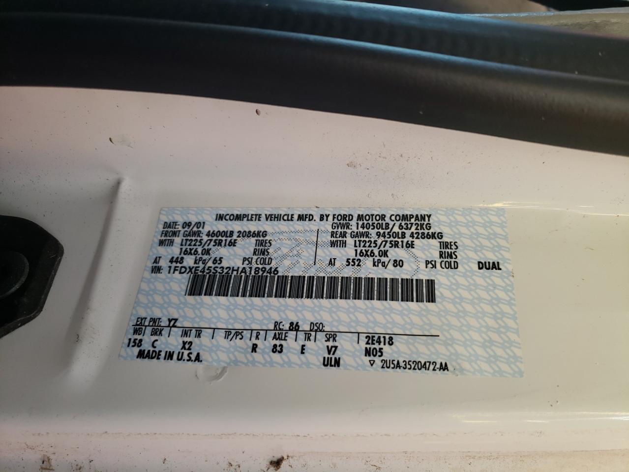 2002 Ford Econoline E450 Super Duty Cutaway Van VIN: 1FDXE45S32HA18946 Lot: 93724425