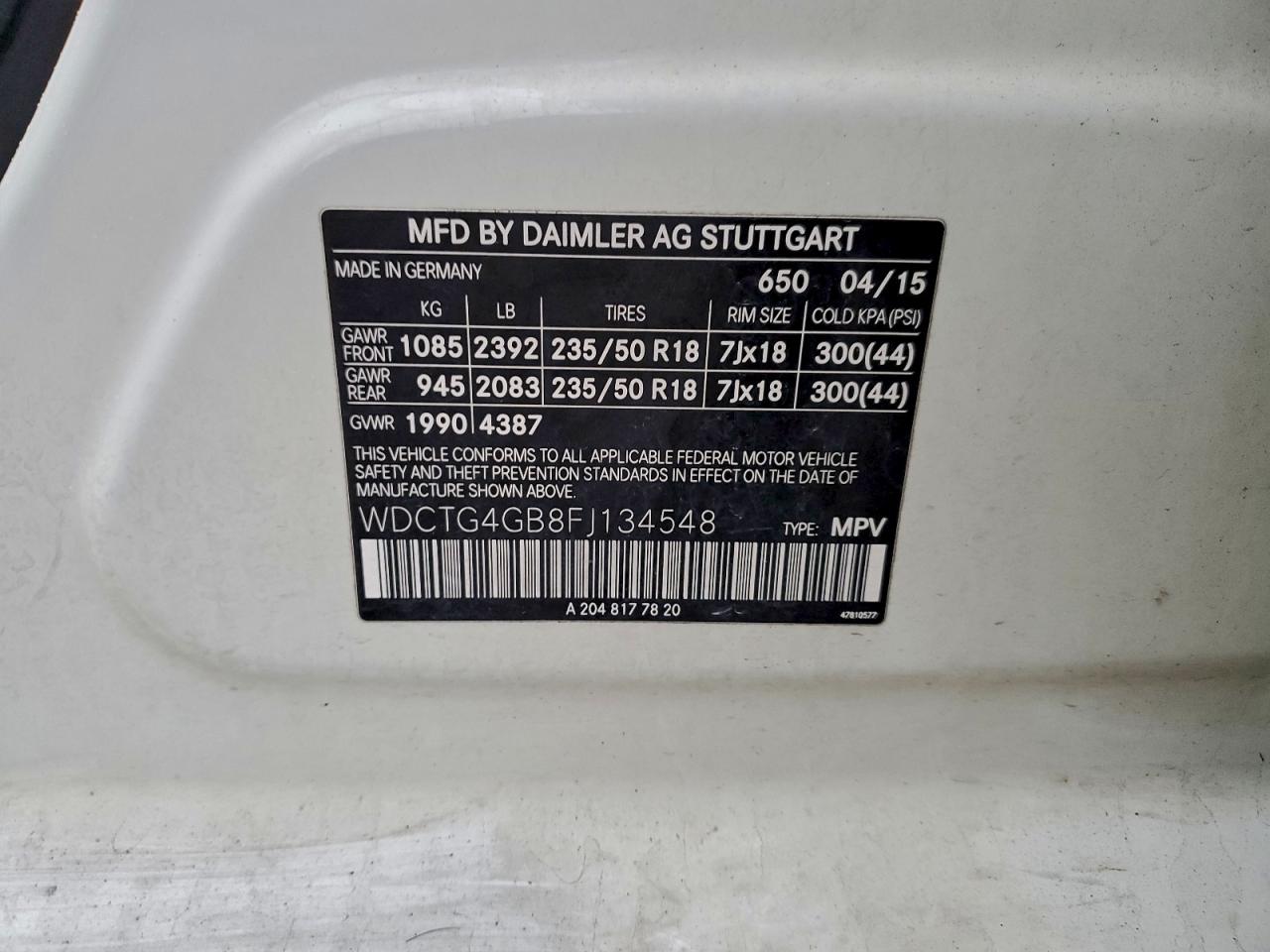 2015 Mercedes-Benz Gla 250 4Matic VIN: WDCTG4GB8FJ134548 Lot: 93399335