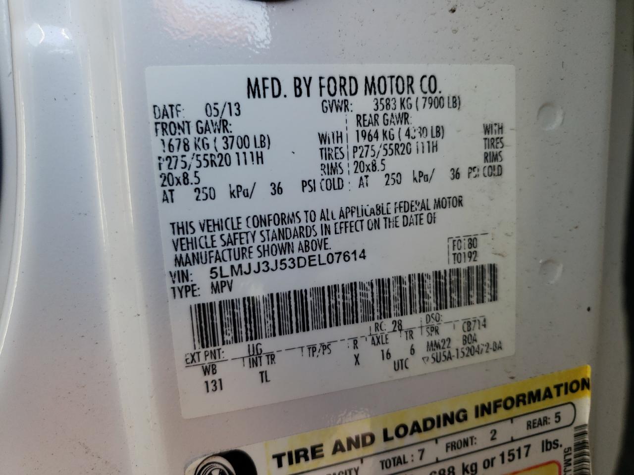 2013 Lincoln Navigator L VIN: 5LMJJ3J53DEL07614 Lot: 91599205