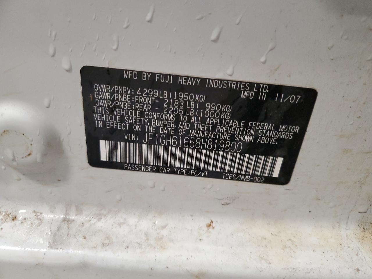 2008 Subaru Impreza 2.5I VIN: JF1GH61658H819800 Lot: 92415035