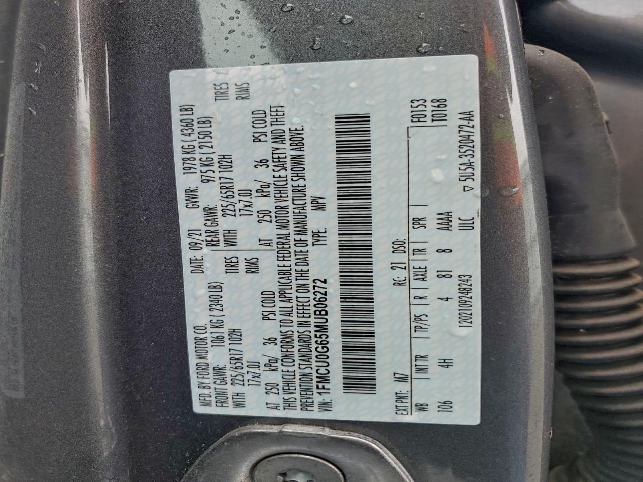 2021 Ford Escape Se VIN: 1FMCU0G65MUB06272 Lot: 93672095