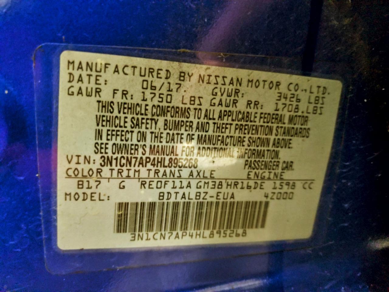 2017 Nissan Versa S VIN: 3N1CN7AP4HL895268 Lot: 93606205