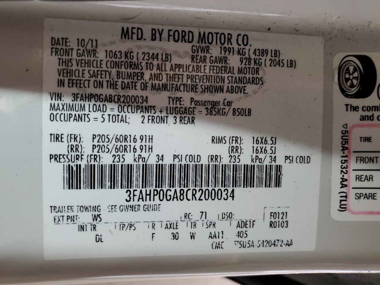2012 Ford Fusion S VIN: 3FAHP0GA8CR200034 Lot: 92955565