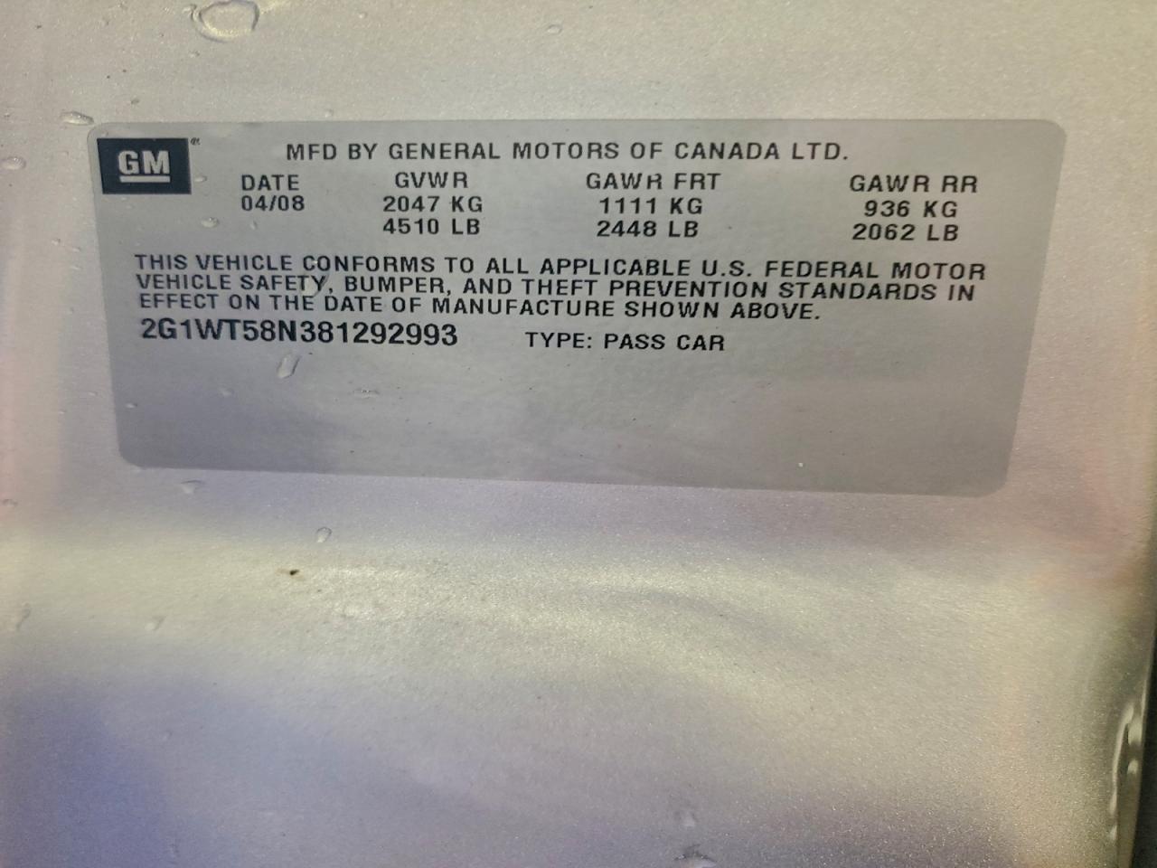 2008 Chevrolet Impala Lt VIN: 2G1WT58N381292993 Lot: 93845875