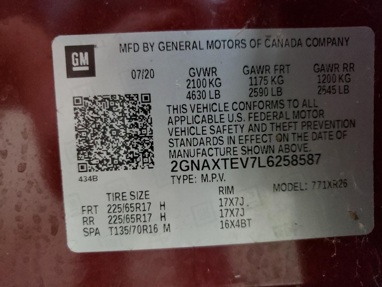 2020 Chevrolet Equinox Lt VIN: 2GNAXTEV7L6258587 Lot: 91715165