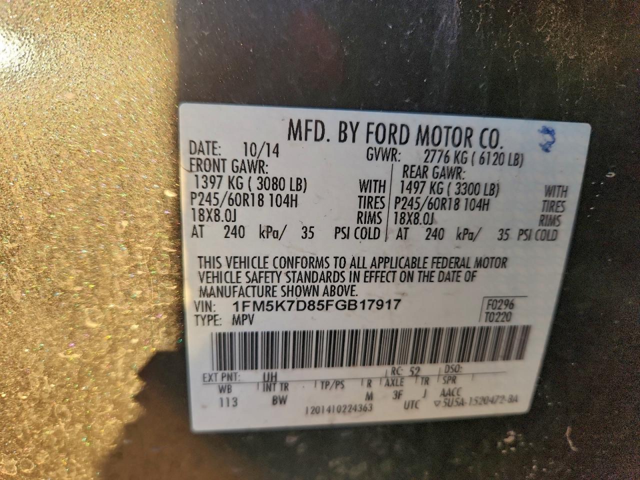 2015 Ford Explorer Xlt VIN: 1FM5K7D85FGB17917 Lot: 94505425