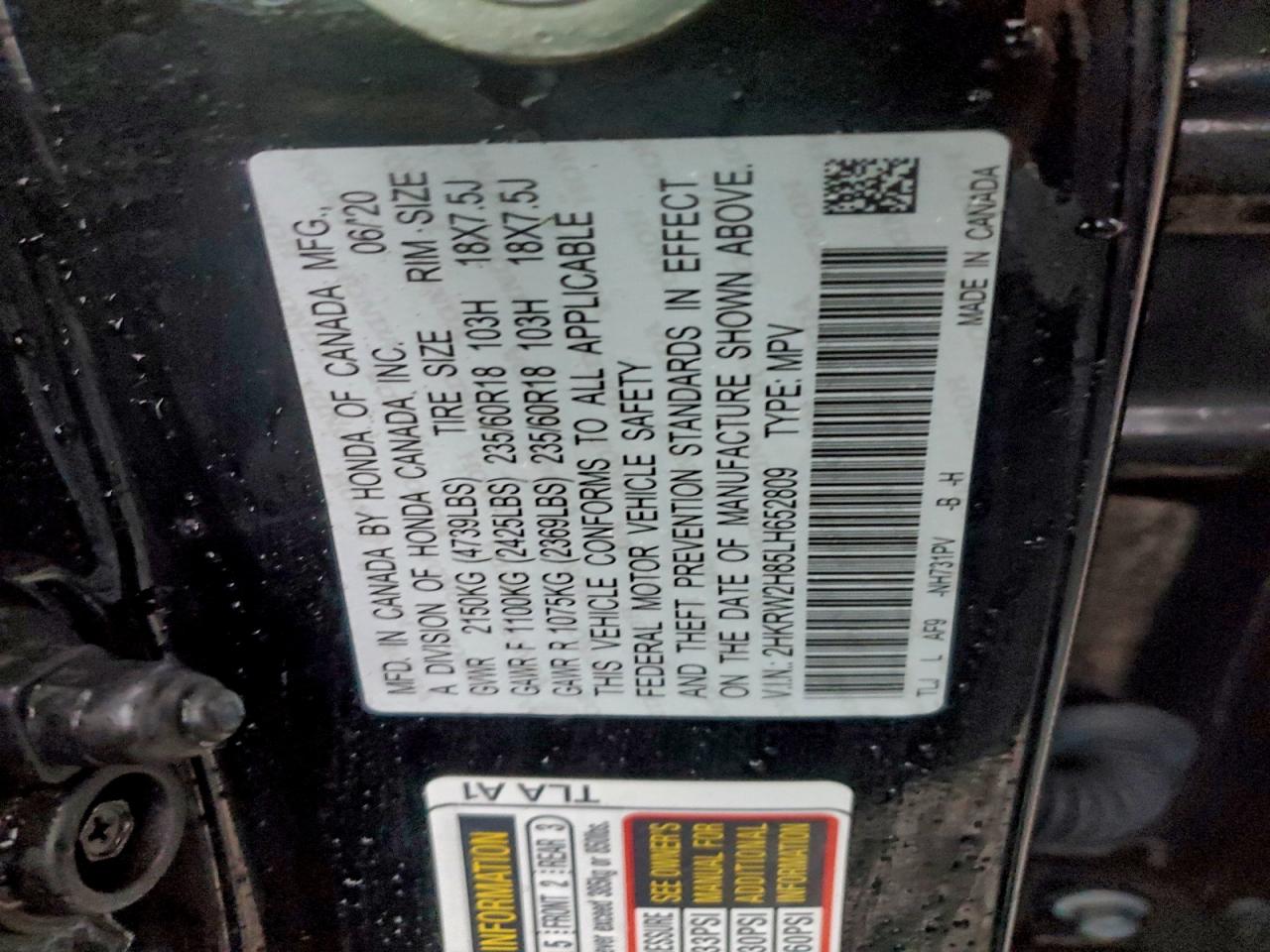 2020 Honda Cr-V Exl VIN: 2HKRW2H85LH652809 Lot: 93473675