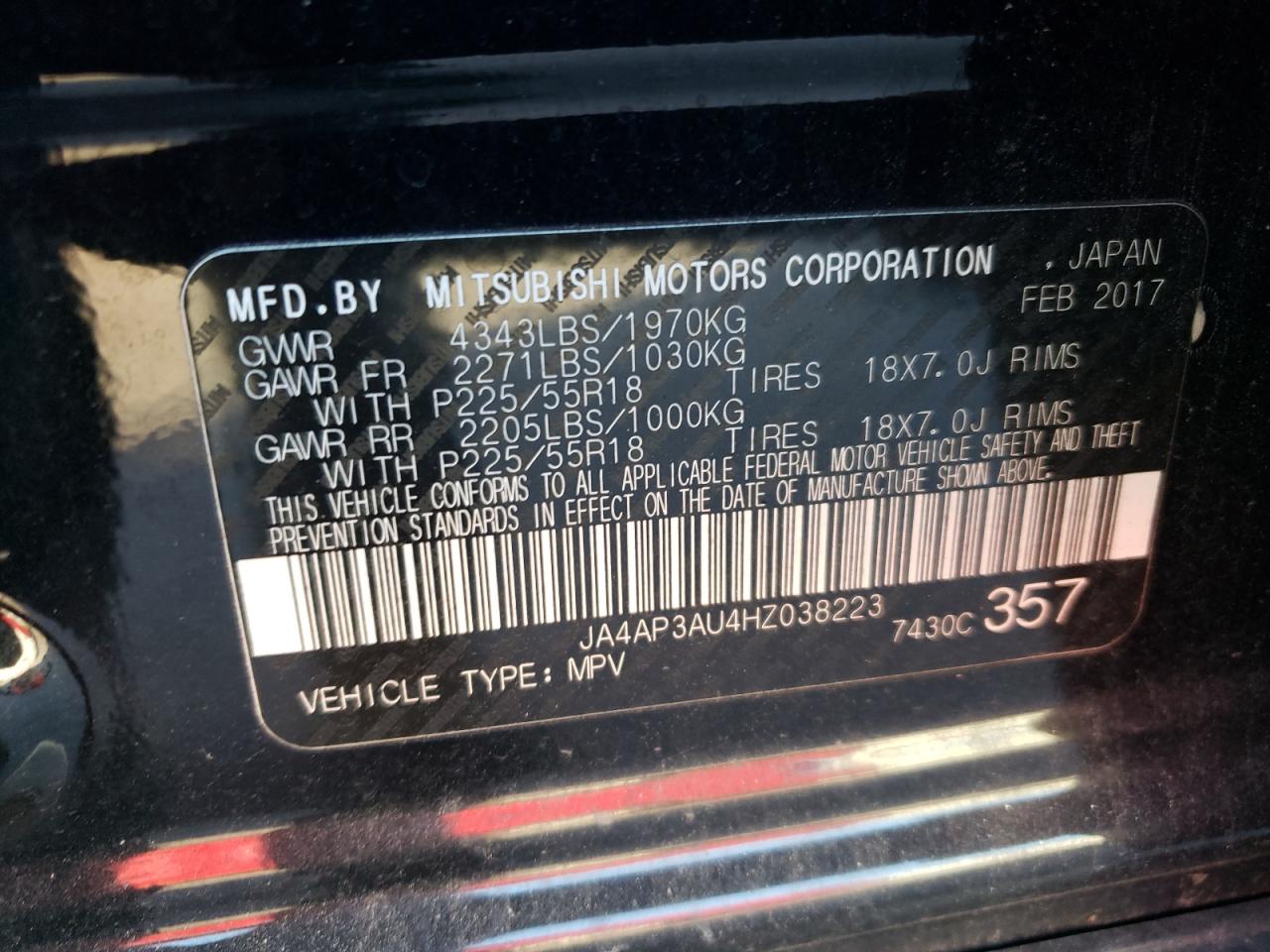 2017 Mitsubishi Outlander Sport Es VIN: JA4AP3AU4HZ038223 Lot: 92372745