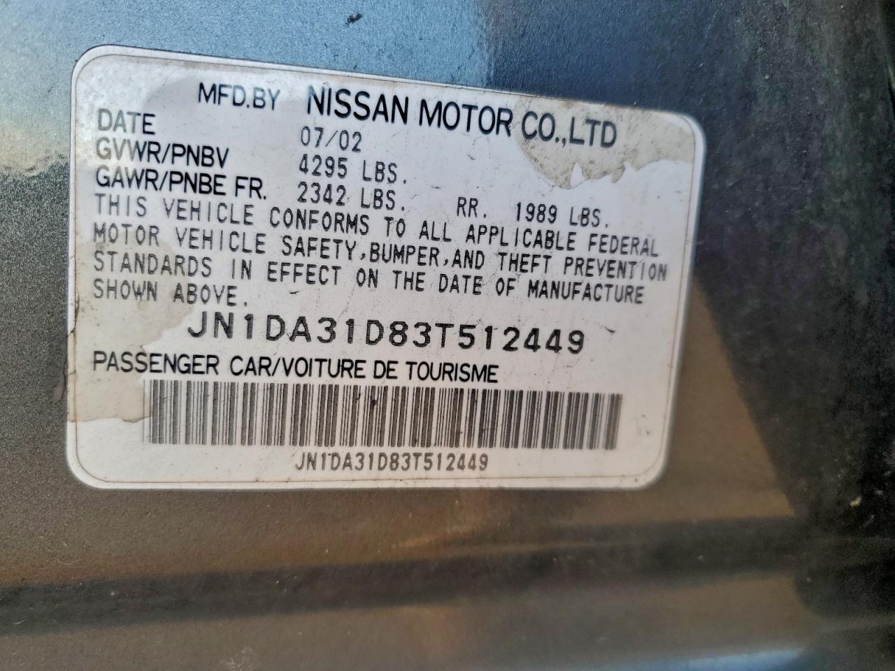 2003 Nissan Maxima Gle VIN: JN1DA31D83T512449 Lot: 93860905