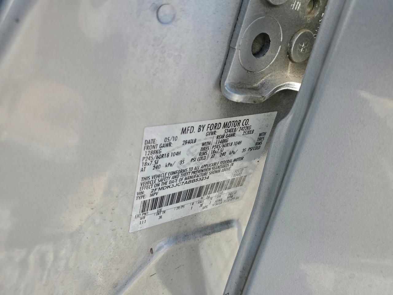 2010 Ford Edge Sel VIN: 2FMDK3JC7ABB53234 Lot: 94671815