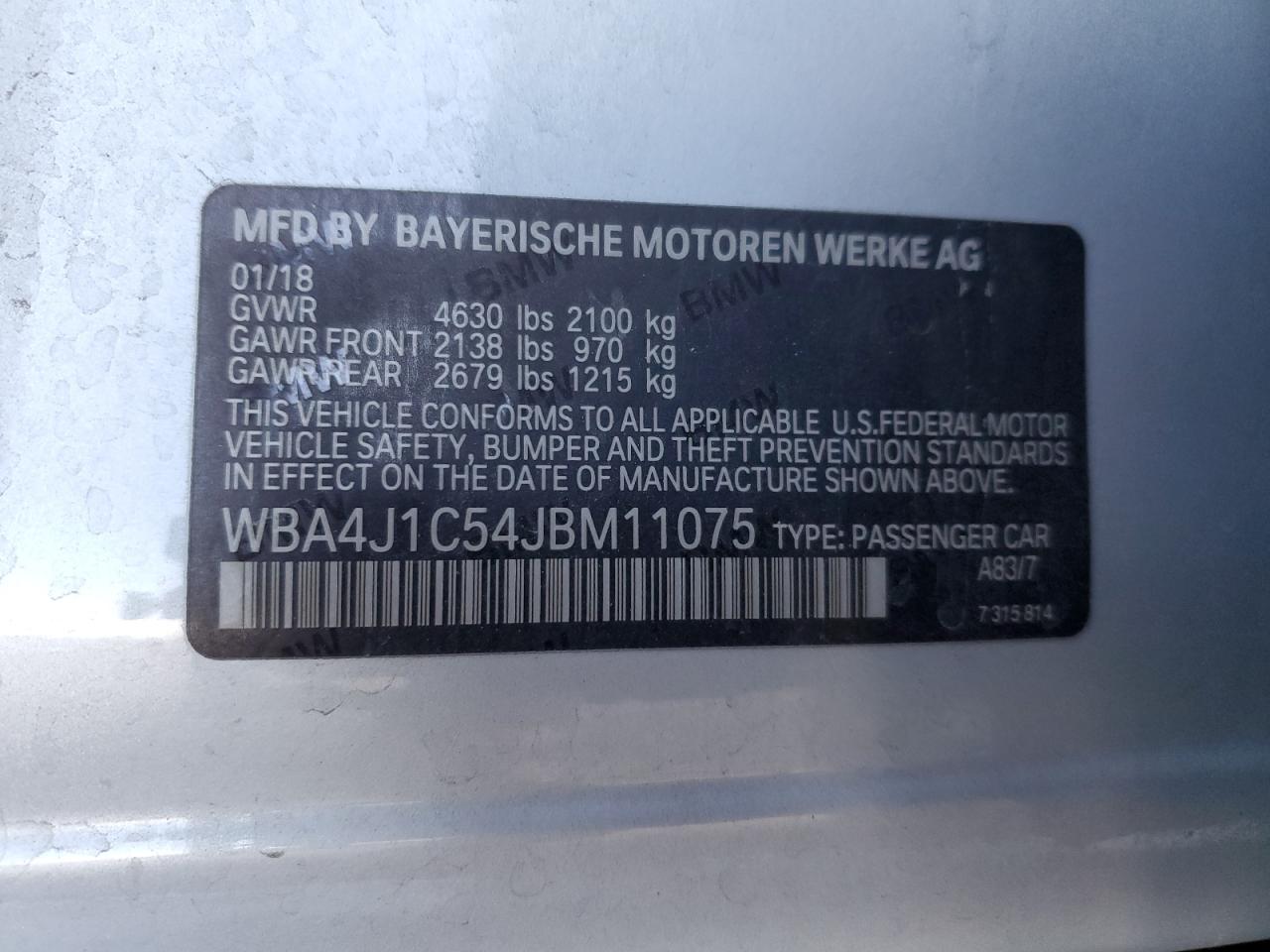 2018 BMW 430I Gran Coupe VIN: WBA4J1C54JBM11075 Lot: 92926695