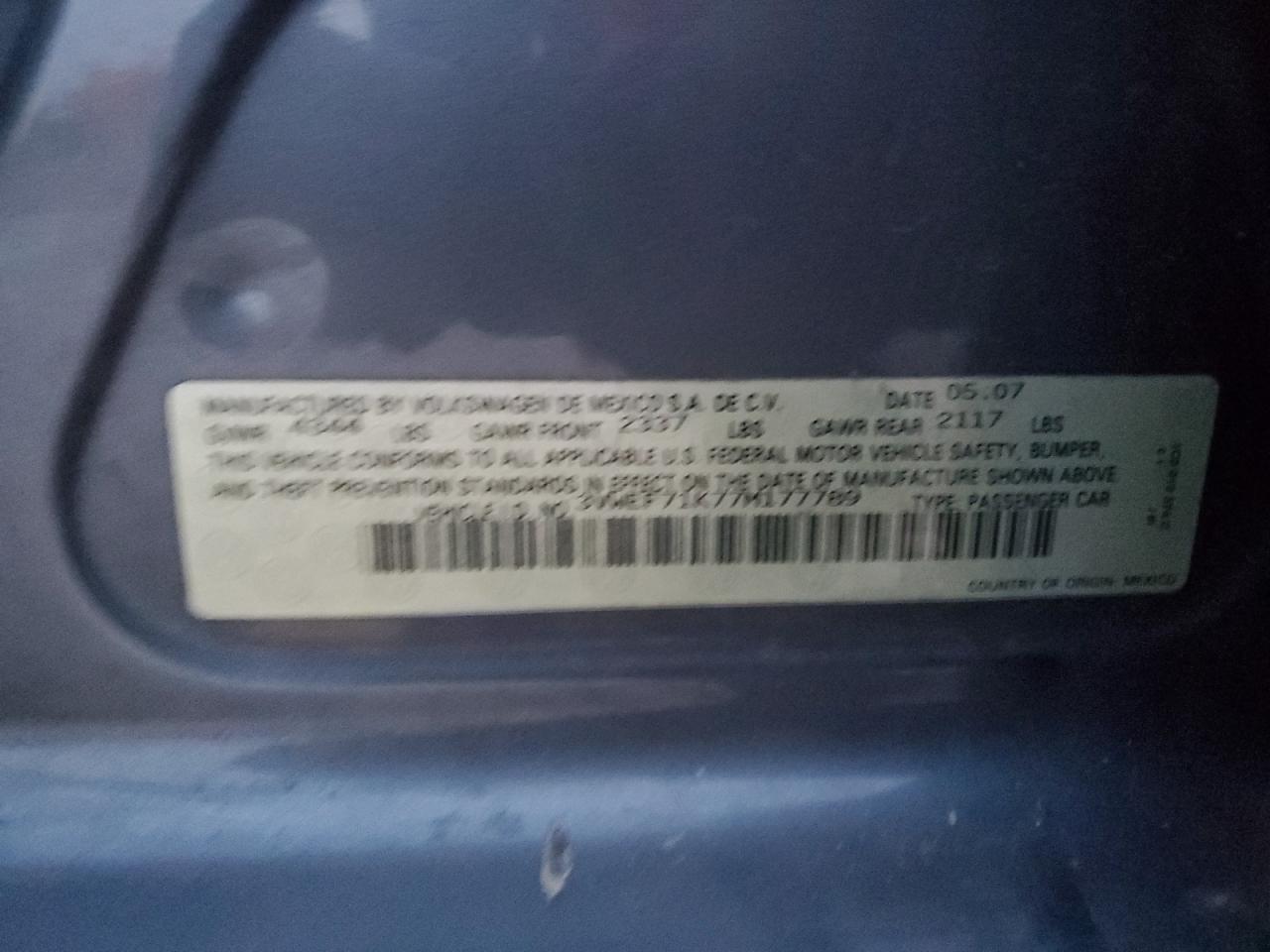 2007 Volkswagen Jetta Wolfsburg VIN: 3VWEF71K77M177789 Lot: 93846945