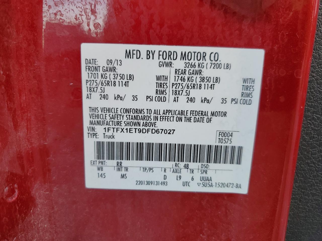 2013 Ford F150 Super Cab VIN: 1FTFX1ET9DFD67027 Lot: 92216725