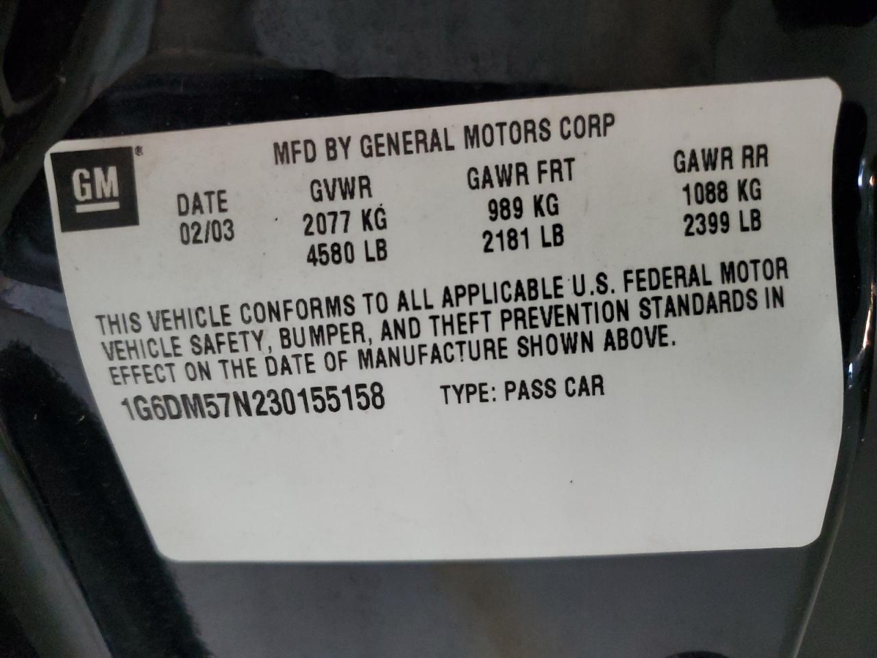 2003 Cadillac Cts VIN: 1G6DM57N230155158 Lot: 93441345