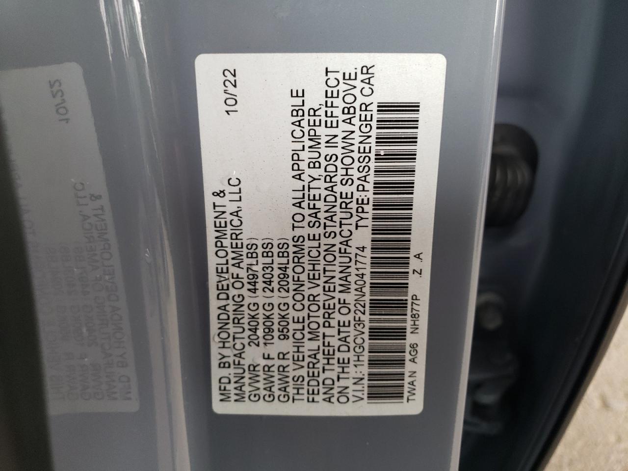 2022 Honda Accord Hybrid Sport VIN: 1HGCV3F22NA041774 Lot: 93674325