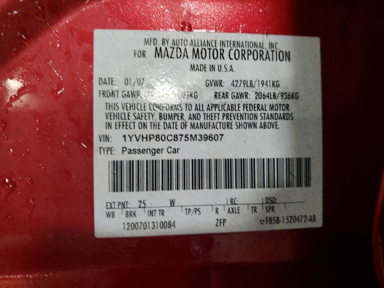 2007 Mazda 6 I VIN: 1YVHP80C875M39607 Lot: 92494085