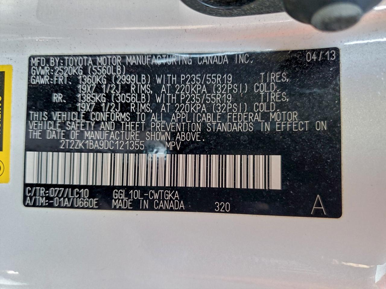 2013 Lexus Rx 350 VIN: 2T2ZK1BA9DC121355 Lot: 94376225