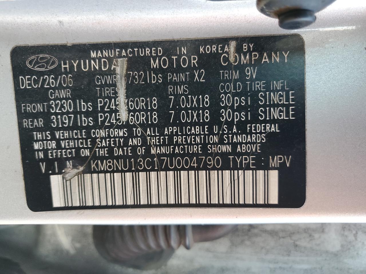 2007 Hyundai Veracruz Gls VIN: KM8NU13C17U004790 Lot: 93310625