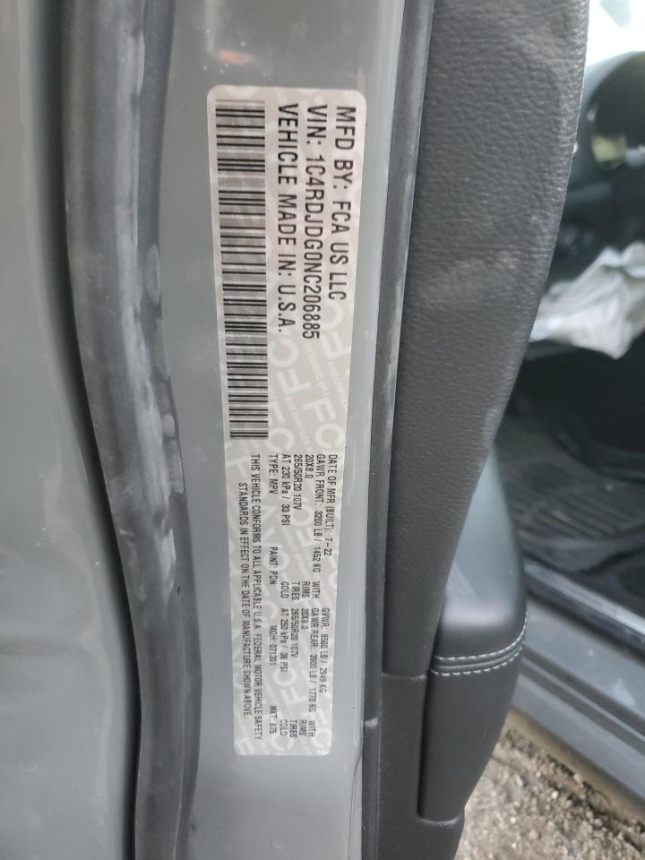 2022 Dodge Durango Gt VIN: 1C4RDJDG0NC206885 Lot: 93058455