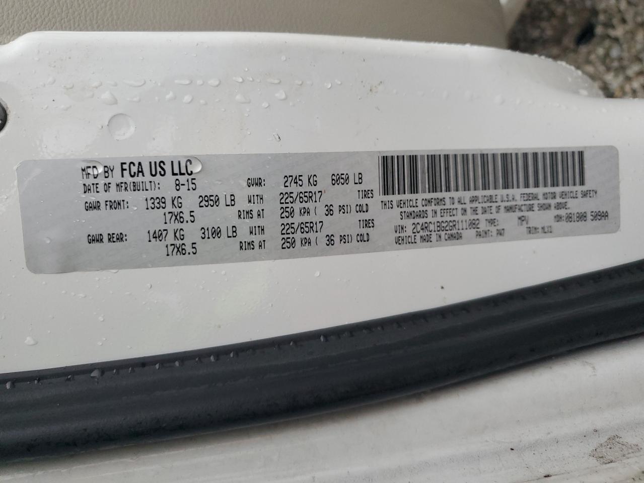 2016 Chrysler Town & Country Touring VIN: 2C4RC1BG2GR111082 Lot: 93370165