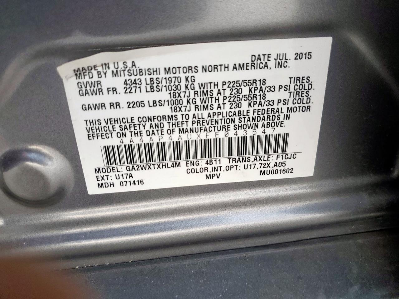 2015 Mitsubishi Outlander Sport Se VIN: 4A4AP4AUXFE043547 Lot: 92611665