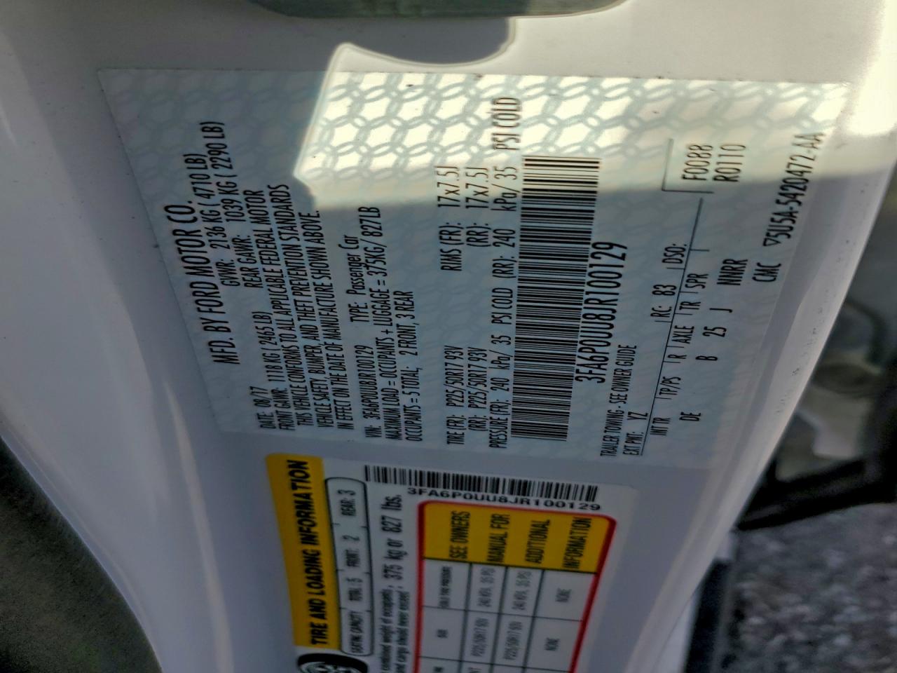 2018 Ford Fusion S Hybrid VIN: 3FA6P0UU8JR100129 Lot: 93633095