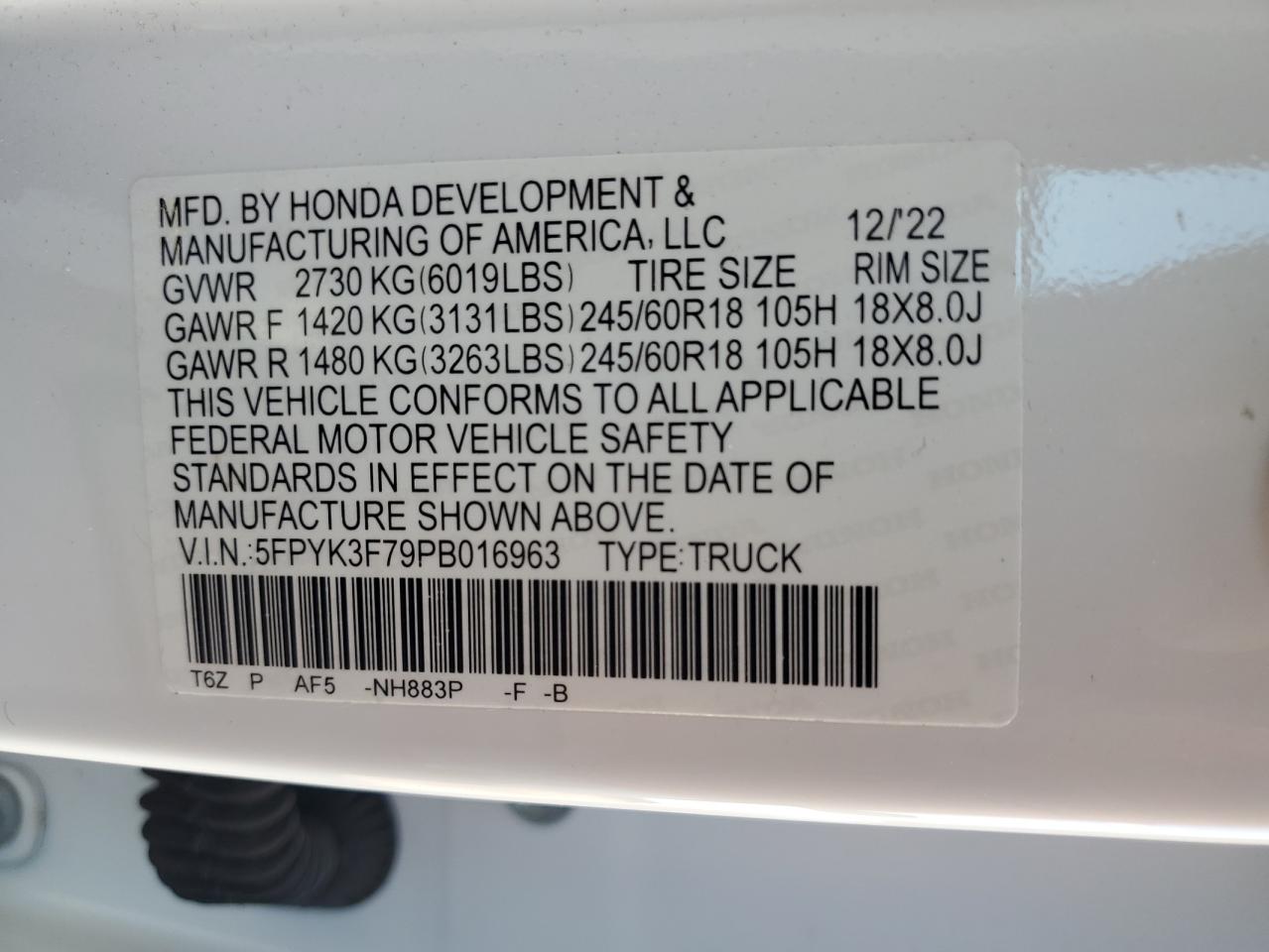 2023 Honda Ridgeline Rtl-E VIN: 5FPYK3F79PB016963 Lot: 91670865