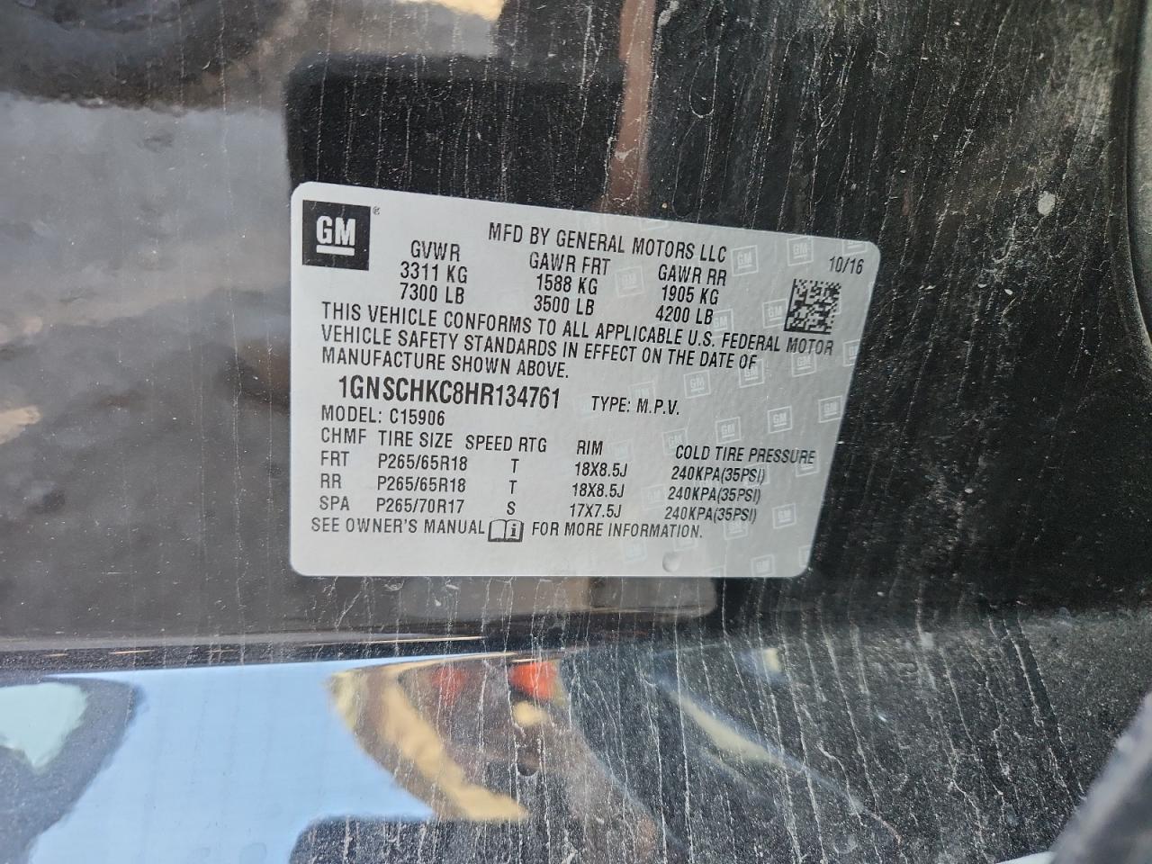 2017 Chevrolet Suburban C1500 Lt VIN: 1GNSCHKC8HR134761 Lot: 91632075