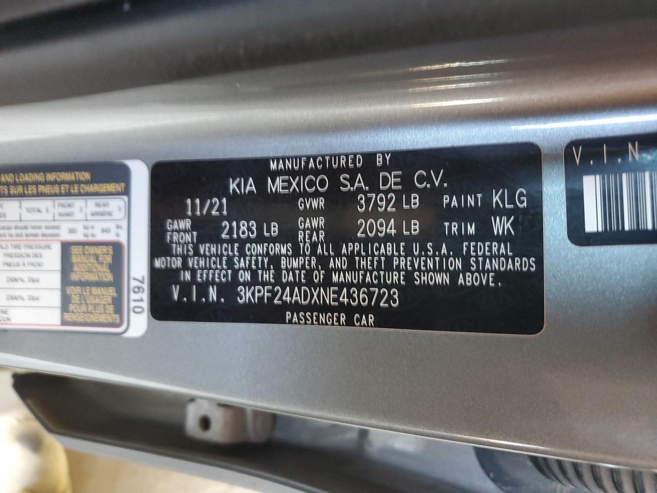 2022 Kia Forte Fe VIN: 3KPF24ADXNE436723 Lot: 91836135