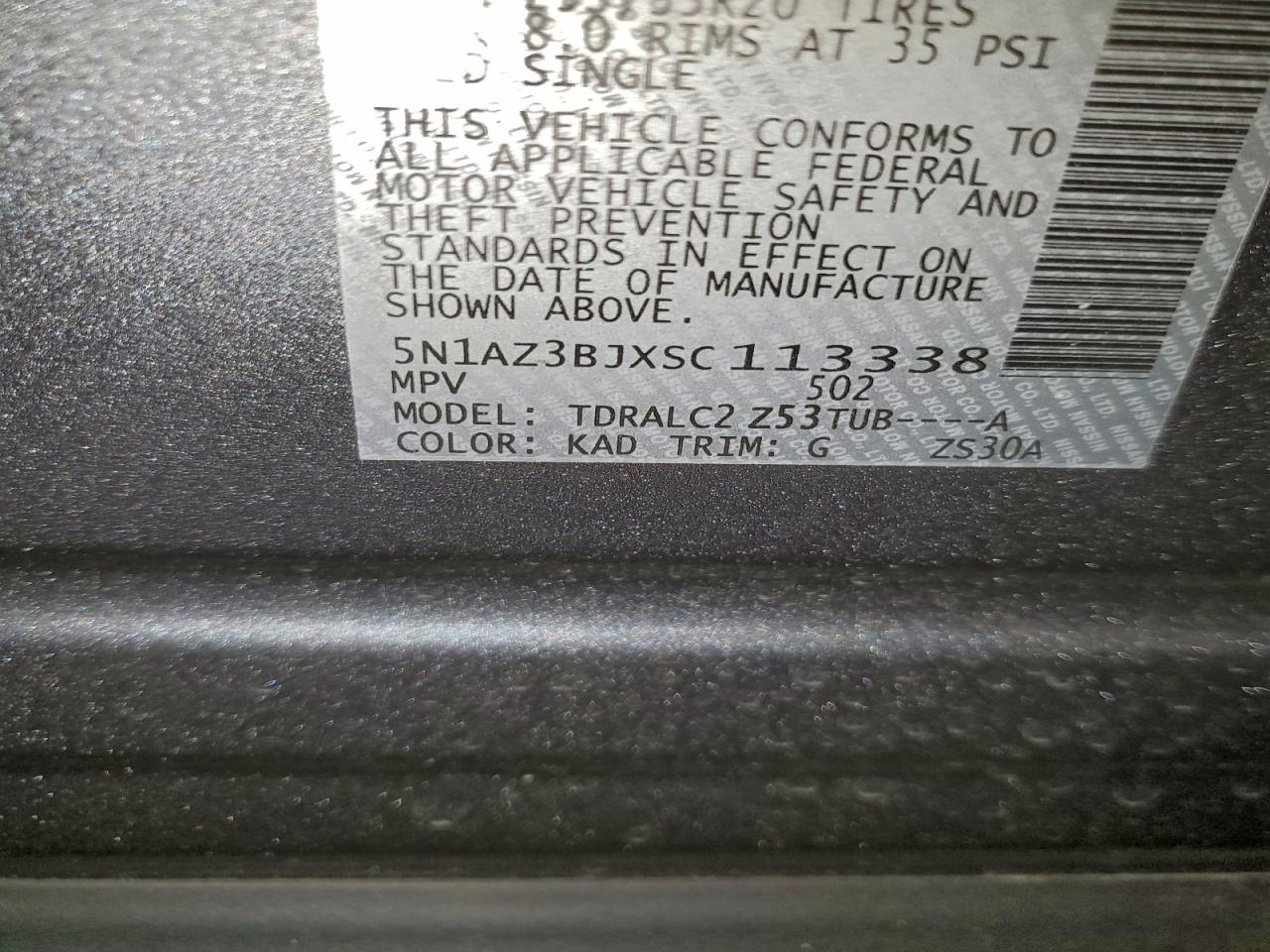 2025 Nissan Murano Sv VIN: 113338 Lot: 85441555