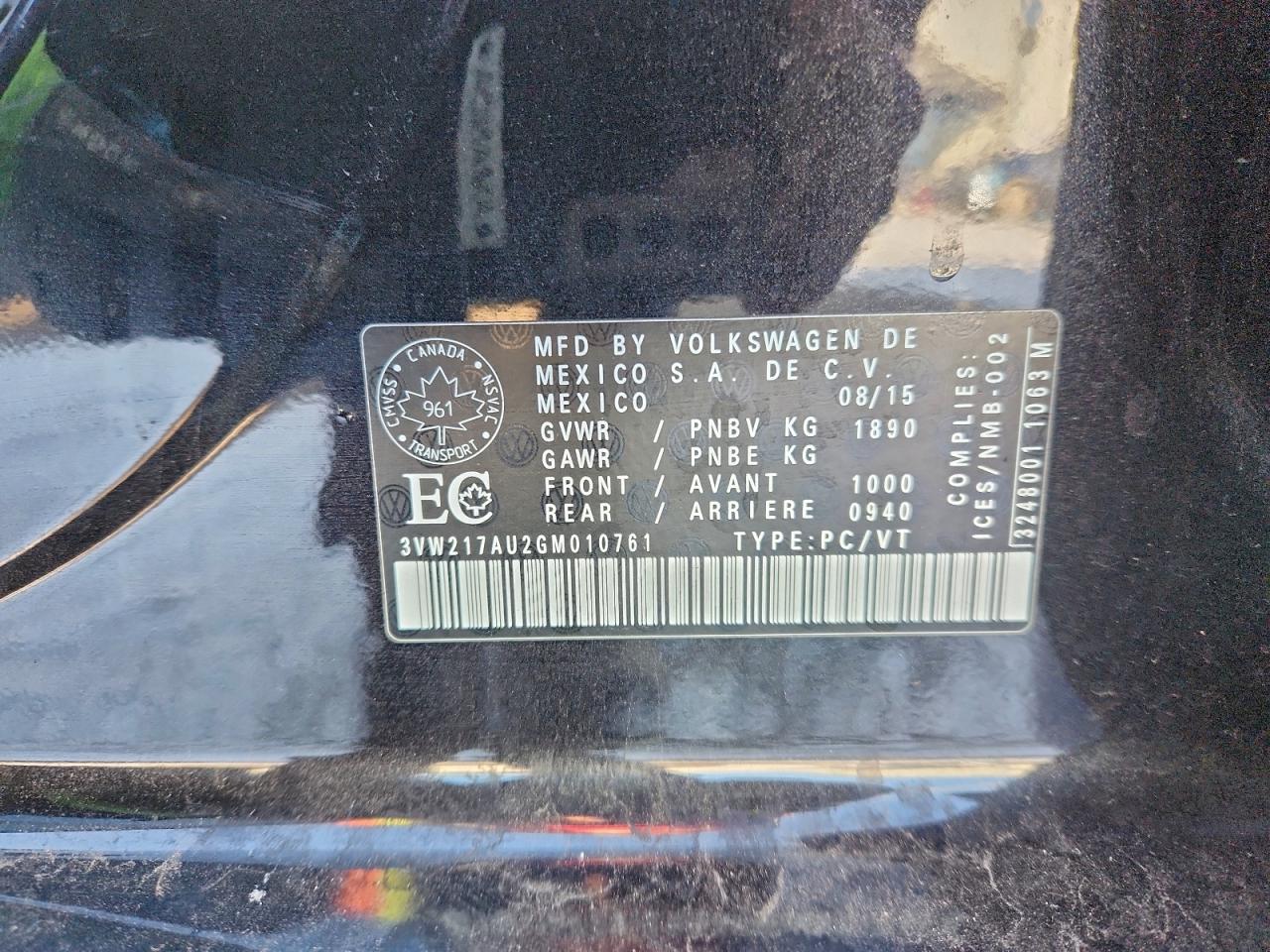 2016 Volkswagen Golf S/Se VIN: 3VW217AU2GM010761 Lot: 93337905