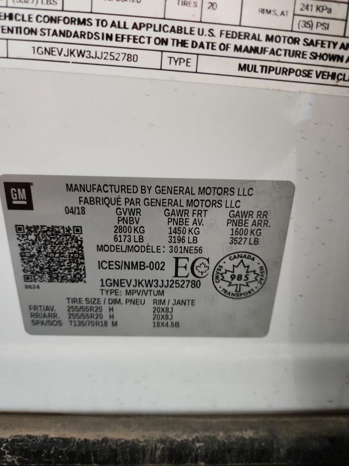 2018 Chevrolet Traverse Premier VIN: 1GNEVJKW3JJ252780 Lot: 87447925