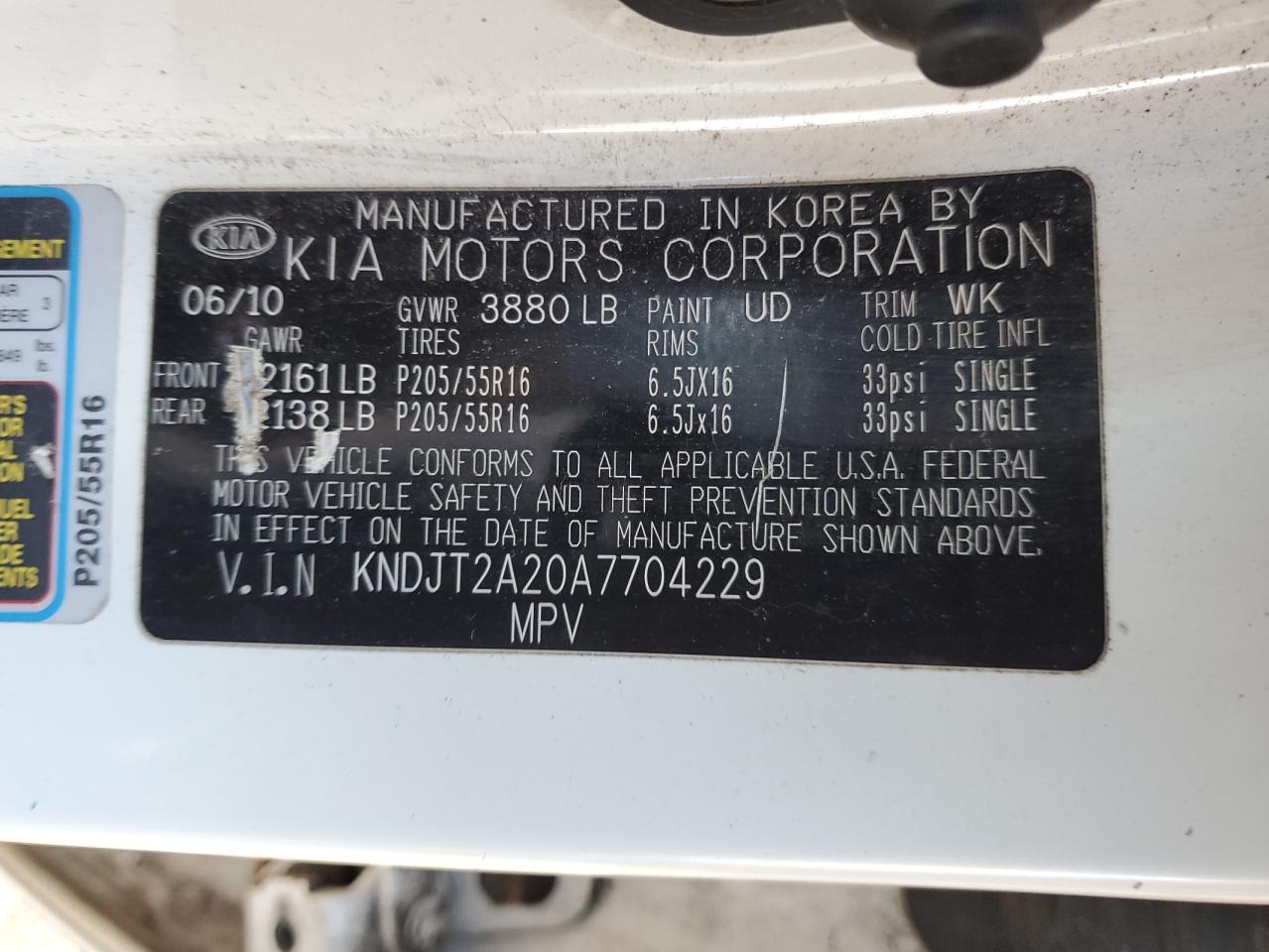 2010 Kia Soul + VIN: KNDJT2A20A7704229 Lot: 91922265