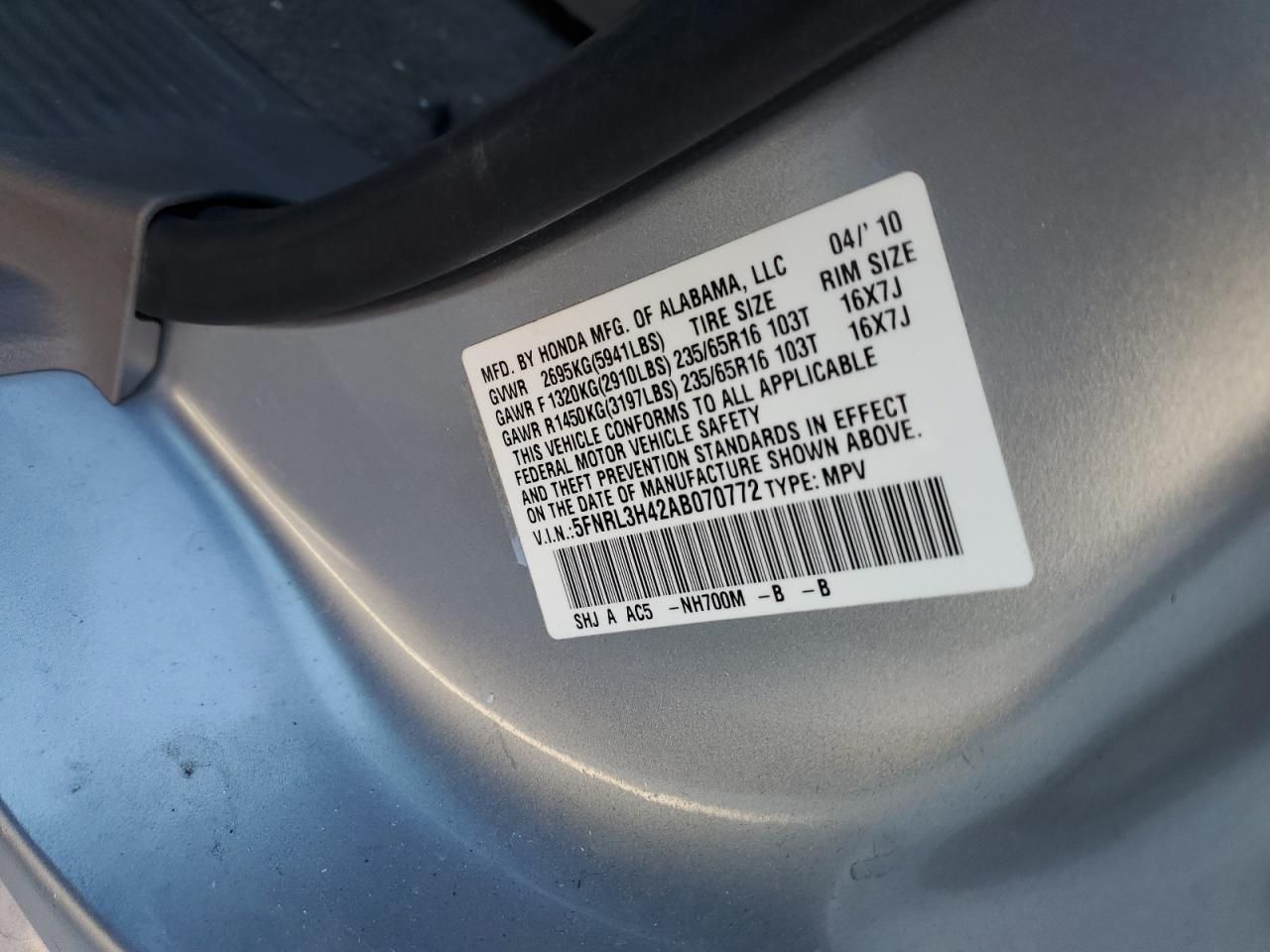 2010 Honda Odyssey Ex VIN: 5FNRL3H42AB070772 Lot: 92240785